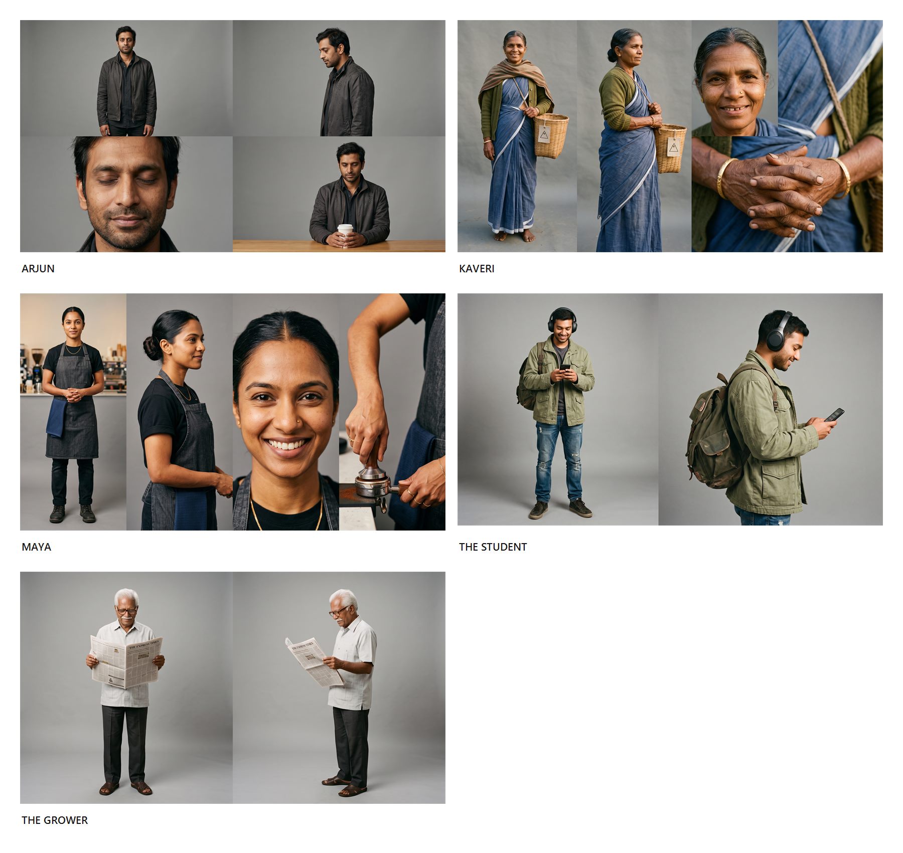 Five characters, each built front, profile, close-up and in situ before a single frame is generated