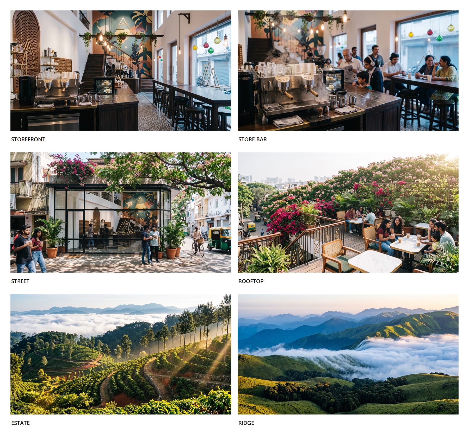Six sets — storefront, bar, street, rooftop, estate, ridge — each built empty