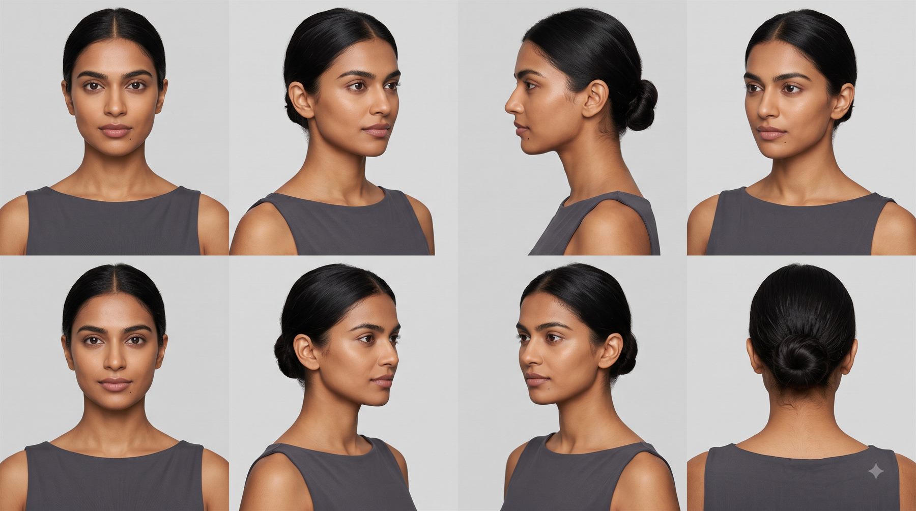 Eight views of one face, so a close-up can cut against a wide without the features drifting