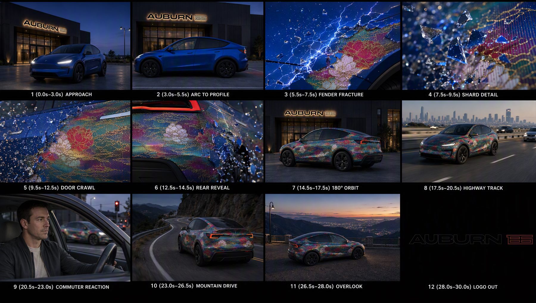 Twelve panels, 0.0s to 30.0s — approach, fracture, highway, overlook