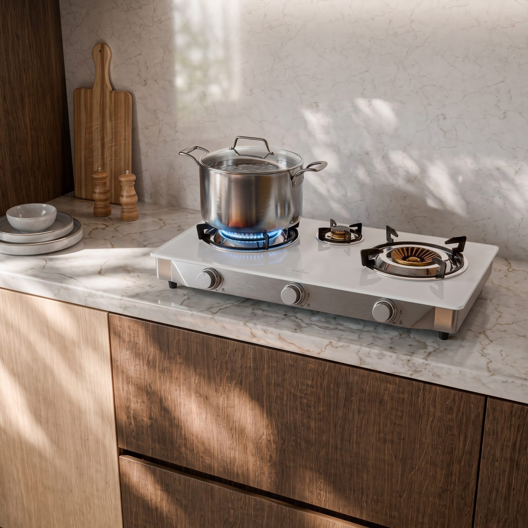 Counter-top hob in a timber kitchen